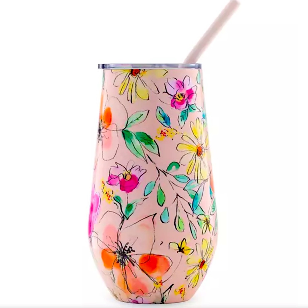 Cambridge Silversmiths 16 Ounce pink Floral
Insulated Straw cup NEW